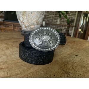 Cache Black Leather Belt L/XL Floral Buckle Italian Leather Canada